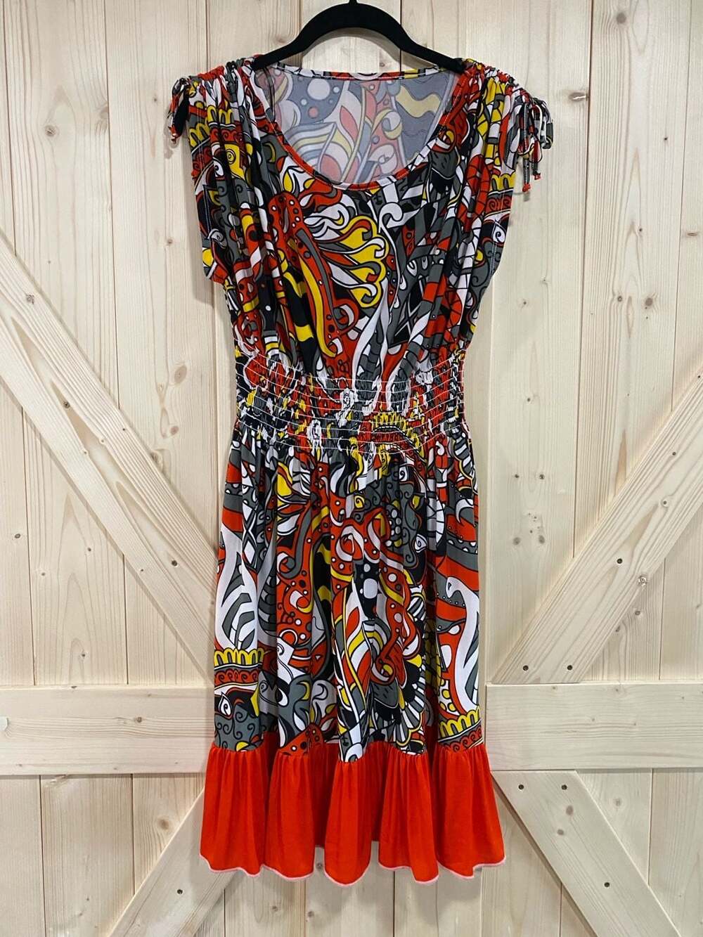 Abstract Paisley Print Smocked Waist Midi Dress With Ruffled Hem XL